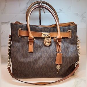 Michael Kors Hamilton Signature Monogram Jet Set Chain Shoulder Bag Brown REHAB